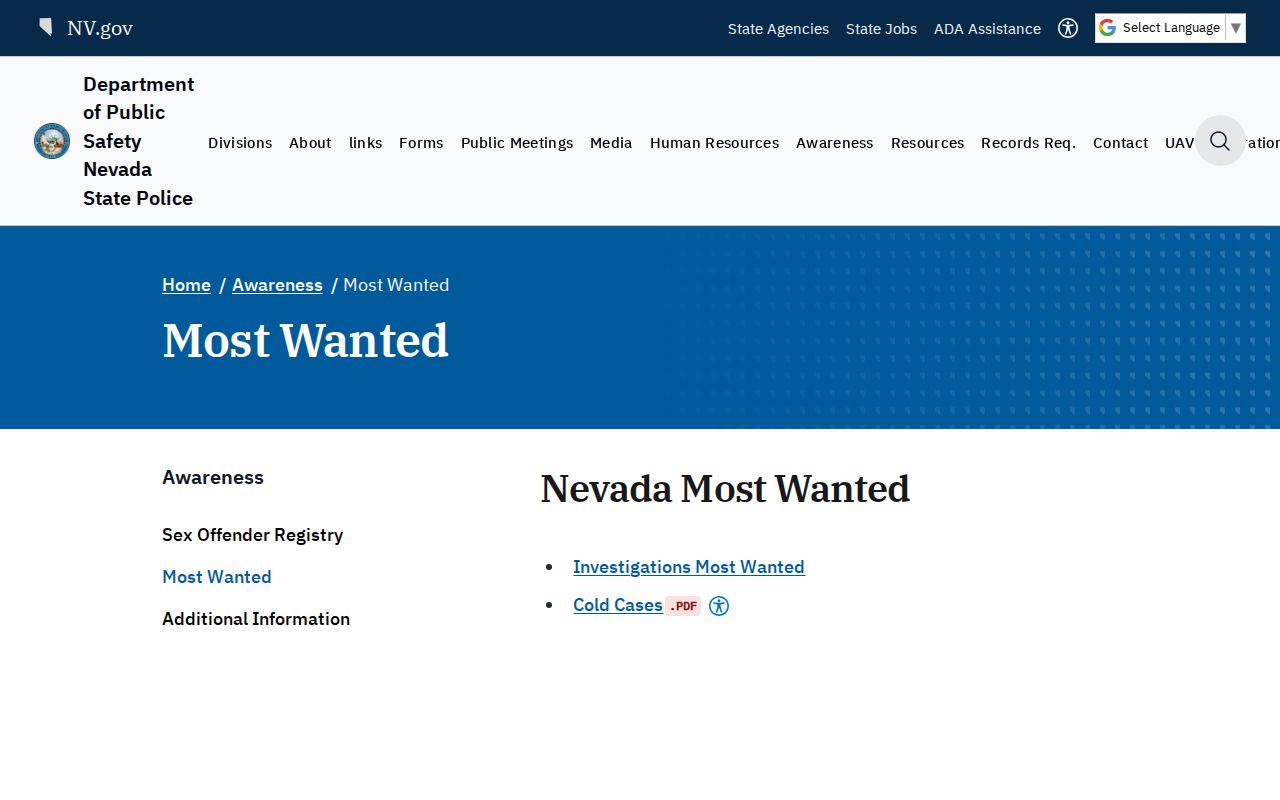 Churchill County most wanted records statewide Nevada DPS program