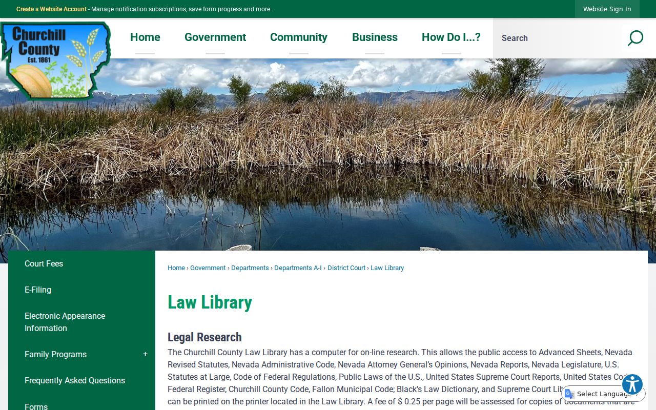 Churchill County warrant search law library public research hours